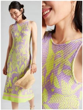 FARM Rio Tropical Colorful Purple Green Stretch Midi Dress, M